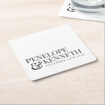 Dessous-de-verre Carré En Papier Classic Elegant Blanc Simple Personnalisé Noms De<br><div class="desc">Typographie classique élégante Noms de mariage personnalisés Dessous de verre papier avec du texte noir sur un Arrière - plan blanc</div>