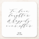Dessous-de-verre Carré En Papier Classic To Love Rire Citation Mariage noir blanc<br><div class="desc">Ajoutez une touche chic à votre heure de cocktail ou à votre soirée de fiançailles avec ce dessous de verre en papier. Le design comprend la citation "Pour aimer, rire et heureux toujours après" dans une typographie de script classique et 2 lignes de texte, parfait pour votre monogramme, les noms,...</div>