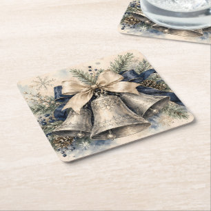 Dessous-de-verre Carré En Papier Cloche de Noël argentée élégante aquarelle