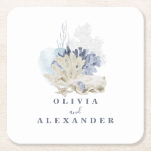 Dessous-de-verre Carré En Papier Coastal Beach bleu coquillage mariage