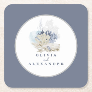 Dessous-de-verre Carré En Papier Coastal Beach bleu coquillage mariage