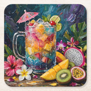 Dessous-de-verre Carré En Papier Cocktail Arc-en-ciel Tropical Fruits Exotiques