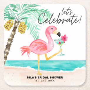 Dessous-de-verre Carré En Papier Cocktail de plage flamant rose pour une baby showe
