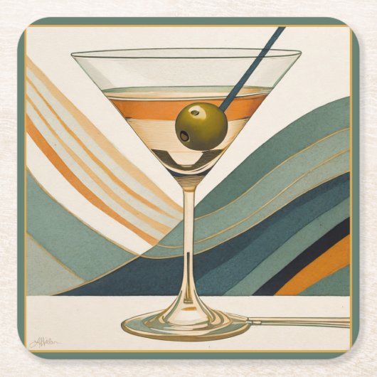 Dessous-de-verre Carré En Papier Cocktail Martini Conception du milieu du siècle (Devant)