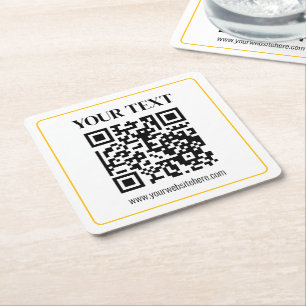 Dessous-de-verre Carré En Papier Code QR modifiable & Texte avec bordure jaune doré