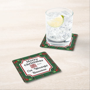 Dessous-de-verre Carré En Papier Code QR personnalisé Restaurant Noël Vert Plat