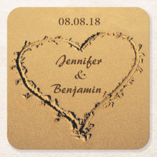 Dessous-de-verre Carré En Papier Coeur de mariage le nom et la date de plage