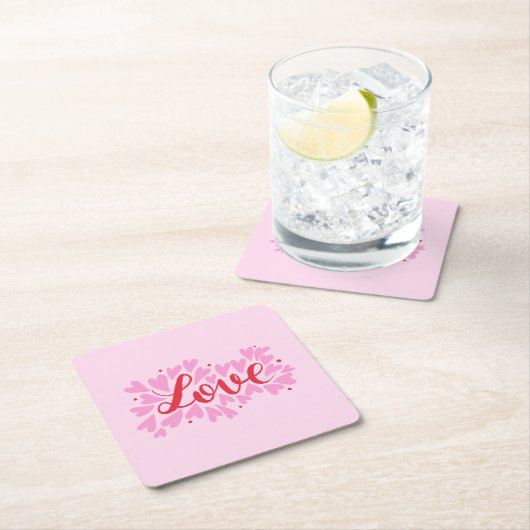 Dessous-de-verre Carré En Papier Coeurs d'amour - rose et rouge (En situation)