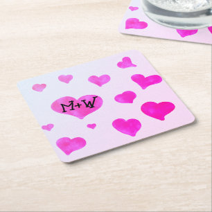 Dessous-de-verre Carré En Papier Coeurs d'aquarelle rose Personnalisé Nom de couple