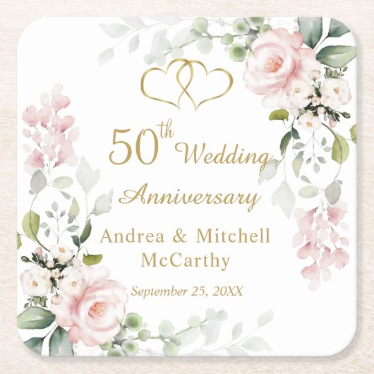 Dessous-de-verre Carré En Papier Coeurs de feuillage rose 50e anniversaire de Maria (Devant)