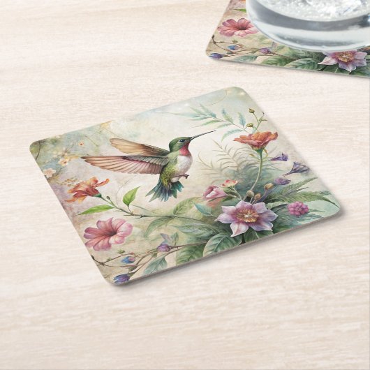 Dessous-de-verre Carré En Papier Colibri mignon sur les fleurs (Incliné)