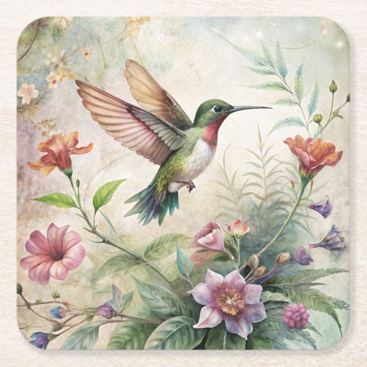 Dessous-de-verre Carré En Papier Colibri mignon sur les fleurs (Devant)