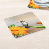 Dessous-de-verre Carré En Papier Colibri sur un plante à fleurs (Incliné)