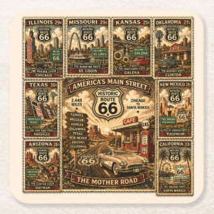 Dessous-de-verre Carré En Papier Collage de tampons de voyage vintage de la route 6
