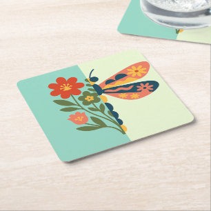 Dessous-de-verre Carré En Papier Conception graphique de fleur et de papillon color