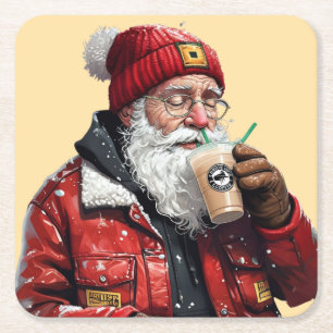 Dessous-de-verre Carré En Papier Cool Père Noël Boire du café glacé Art de Noël