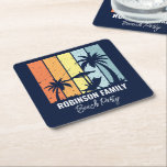 Dessous-de-verre Carré En Papier Cool Retro Beach Party Custom Navy<br><div class="desc">Dessous de verre personnalisés navy blue beach party pour votre voyage en famille à Hawaii, en Floride, ou d'autres destinations tropicales des îles. Les palmiers cool se dressent contre les couleurs rétro de l'orange et du jaune au-dessus de votre nom de vacances customisé en écriture blanche. Idéal pour un groupe...</div>
