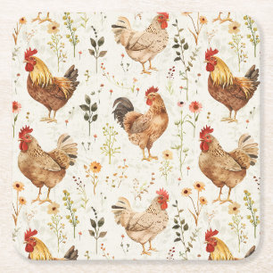 Dessous-de-verre Carré En Papier Coqs de ferme Poules Fleurs