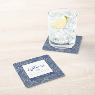 Dessous-de-verre Carré En Papier Coquille d'aquarelle bleu profond et or