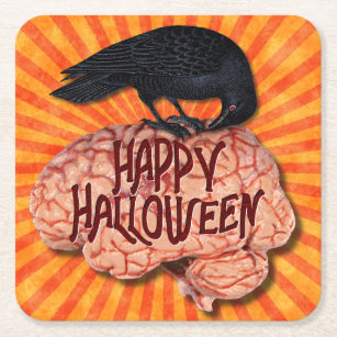 Dessous-de-verre Carré En Papier Corbeau Déplaisant d'Halloween sur le cerveau