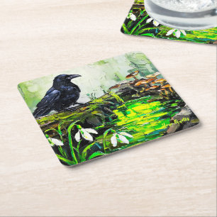 Dessous-de-verre Carré En Papier Corbeau noir et ruisseau de forêt lumineuse, peint