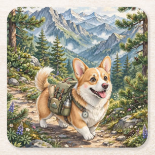 Dessous-de-verre Carré En Papier Corgi randonnée dans les montagnes aquarelle  