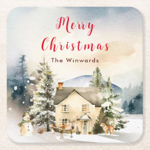 Dessous-de-verre Carré En Papier Cottage de vacances d'hiver Joyeux Noël