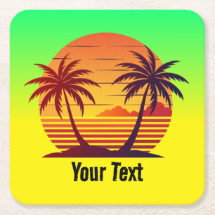 Dessous-de-verre Carré En Papier Coucher de soleil avec palmiers Vector-98803