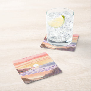 Dessous-de-verre Carré En Papier Coucher de soleil sur la mer rose   Peinture aquar