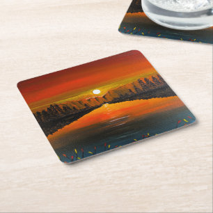 Dessous-de-verre Carré En Papier Coucher de soleil sur le lac Canyon, peinture d'Al