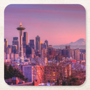 Dessous-de-verre Carré En Papier Coucher du soleil derrière l'horizon de Seattle d