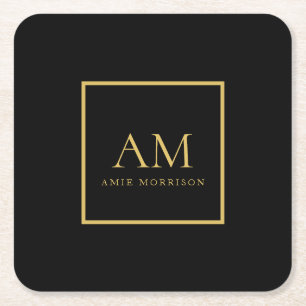 Dessous-de-verre Carré En Papier Couleurs Or Noir Monogramme Lettre Initiale Nom