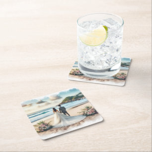 Dessous-de-verre Carré En Papier Couple de plage de mariage