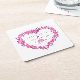 Dessous-de-verre Carré En Papier Couronne de fleurs roses myosotis pour mariage