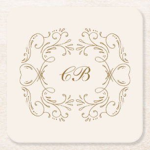 Dessous-de-verre Carré En Papier Couronne de mariage en barre avec monogramme en or