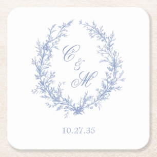 Dessous-de-verre Carré En Papier Couronne de mariage en bleu poussiéreux avec monog