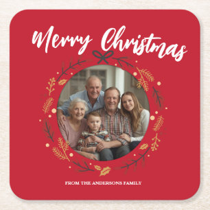 Dessous-de-verre Carré En Papier Couronne de Noël rouge simple Photo nom de famille