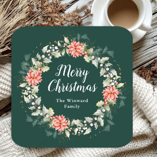 Dessous-de-verre Carré En Papier Couronne de poinsettias rouges Joyeux Noël