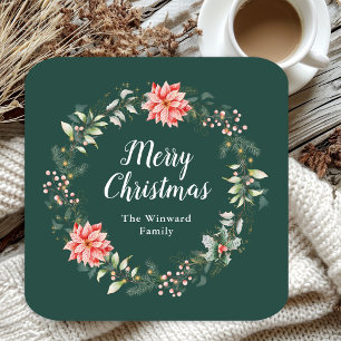 Dessous-de-verre Carré En Papier Couronne de poinsettias rouges Joyeux Noël