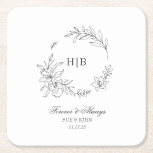 Dessous-de-verre Carré En Papier Couronne florale classique avec monogramme de mari