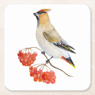 Dessous-de-verre Carré En Papier Coussin rond d'oiseaux de forêt d'aquarelle