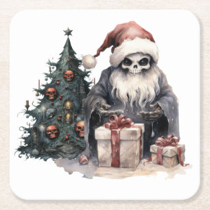 Dessous-de-verre Carré En Papier Crâne à Santa chapeau avec arbre de Noël gothique
