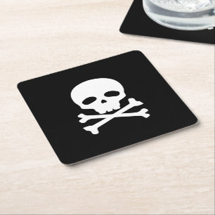 Dessous-de-verre Carré En Papier Crâne de pirate blanc sur fond noir