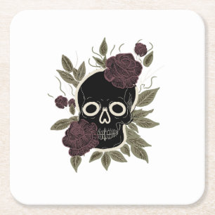 Dessous-de-verre Carré En Papier Crâne gothique personnalisé et roses Art floral so