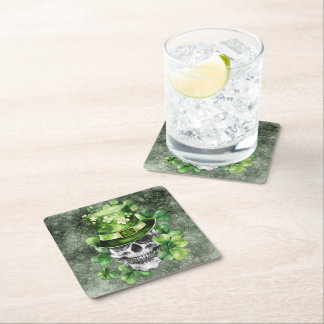 Dessous-de-verre Carré En Papier Crâne Vivant avec Illustration de Chapeau Vert