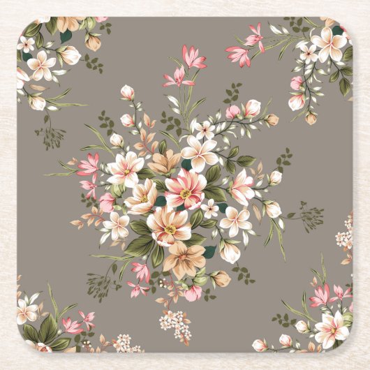 Dessous-de-verre Carré En Papier Crème, fleurs roses sur gris. (Devant)