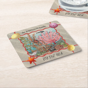 Dessous-de-verre Carré En Papier Custom Beach House Ocean Coastal Coral Poisson Cra