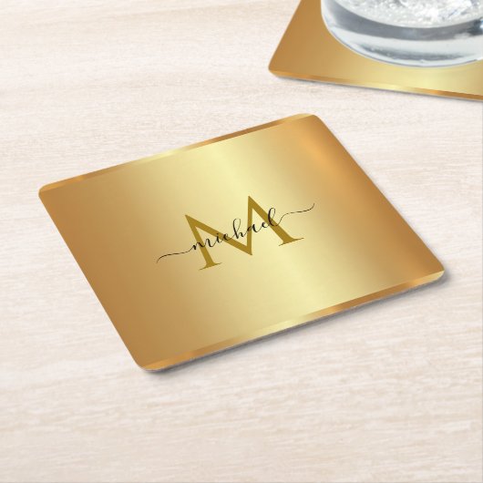 Dessous-de-verre Carré En Papier Custom Elegant Name Monogram Initial Template Gold (Incliné)