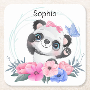 Dessous-de-verre Carré En Papier Cute Baby Panda Flower Wreath Nom personnalisé