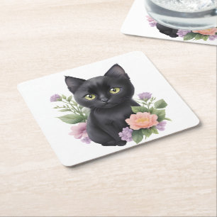 Dessous-de-verre Carré En Papier Cute Black Chat Floral Whimsical